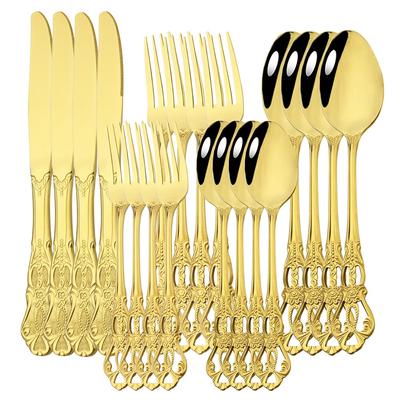 Conjunto de louça de ouro real vintage, 20 peças, aço inoxidável, espelho, colheres, garfos, facas, sorvete, colher, talheres de casamento, presente