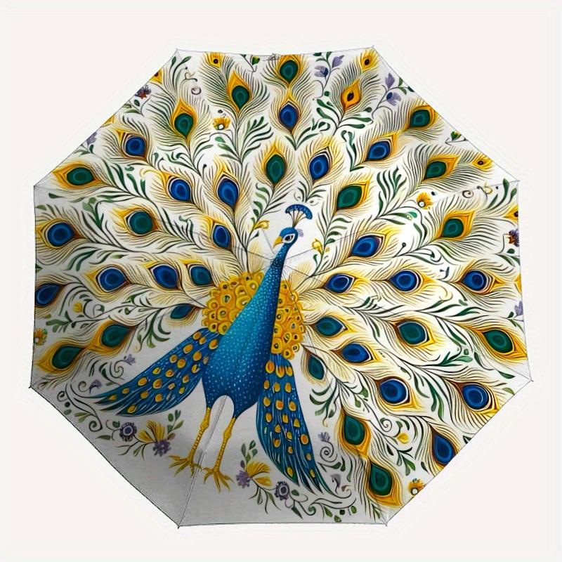 1pc Peacock Feather Print Automatic Open/close Folding Umbrella, Compact Portable Travel Umbrella, Perfect Birthday/Christmas, Cute Umbrella