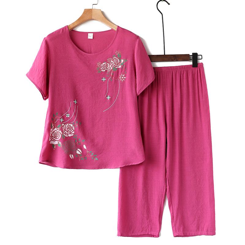 Senior Women's Cotton Linen Pajama Set: Short-Sleeved, Two-Piece Summer Outfit for Moms and Grandmas