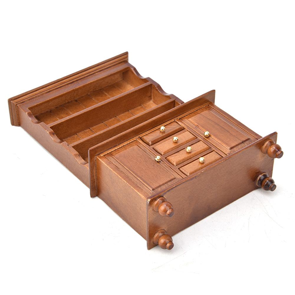 1:12   Meble   Trzypoziomowy Drewniany Regał z Szafką i 4 Szufladami Model Zabawki(brązowy )