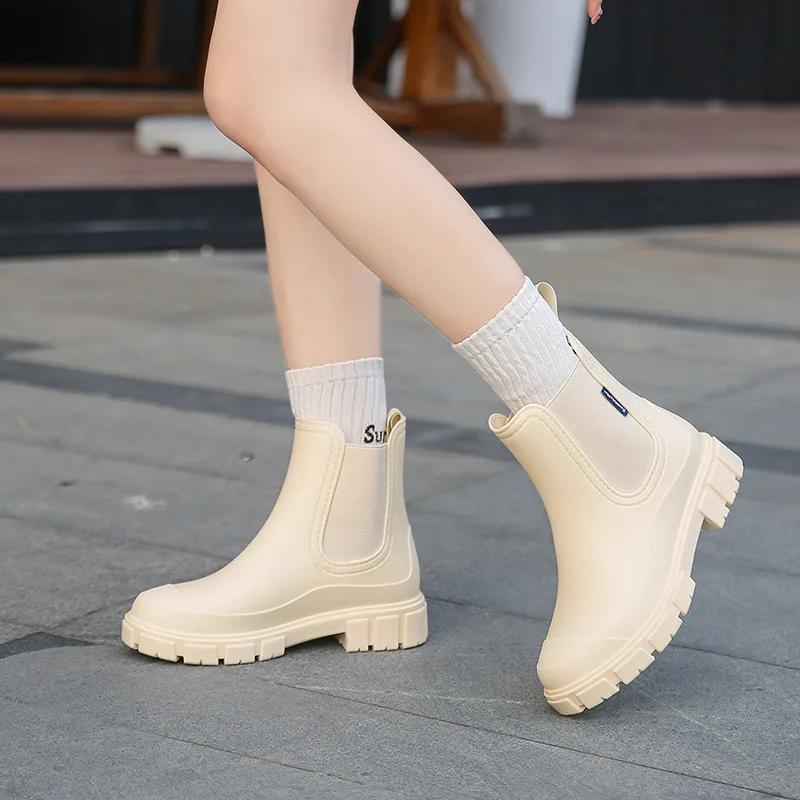 Modne damskie kolorowe modne buty deszczowe do noszenia na cztery pory roku, buty do wody na zewnątrz, wodoodporne, średniej długości, uniwersalne buty deszczowe damskie Botas