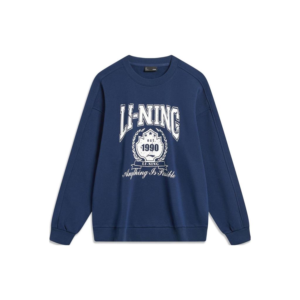Li Ning Sport Lifestyle Series Letter Number Print Crew Neck Pullover Sweatshirt Unisex Sweatshirt Deep-Navy AWDTB59-3