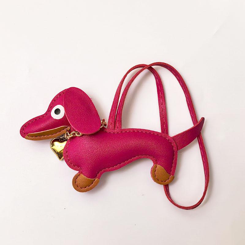 Pu Leather Stuffed Dachshund With Collar of Gold Heart Shape Pendent WIth Long Strap Puppy Pendent for Bag Charms Accessories