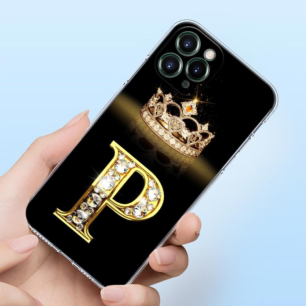 Diamond Crown First Initials Letter N T Z Shell Case for iPhone 15 16 11 12 13 14 Pro Max Mini 16 Plus Transparent Cover Fundas