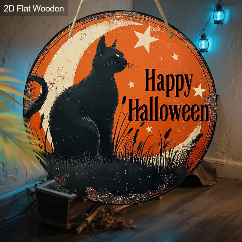 Wesołego Halloween Drewniany Znak ze Wzorem Czarnego Kota - Figurki Ozdobne ze Wzorem Półksiężyca i Gwiazdy - Idealne na Drzwi Wejściowe, Podwórko, Ganek, Dekoracja Pokoju