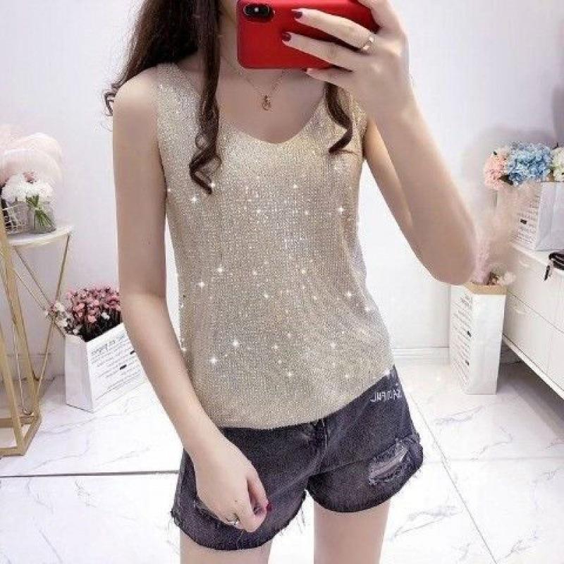 Women Ice Silk Diamond Shirt Female Wild V Neck Sleeveless Loose Short Shirt Tank Top Summer Camis and Vests