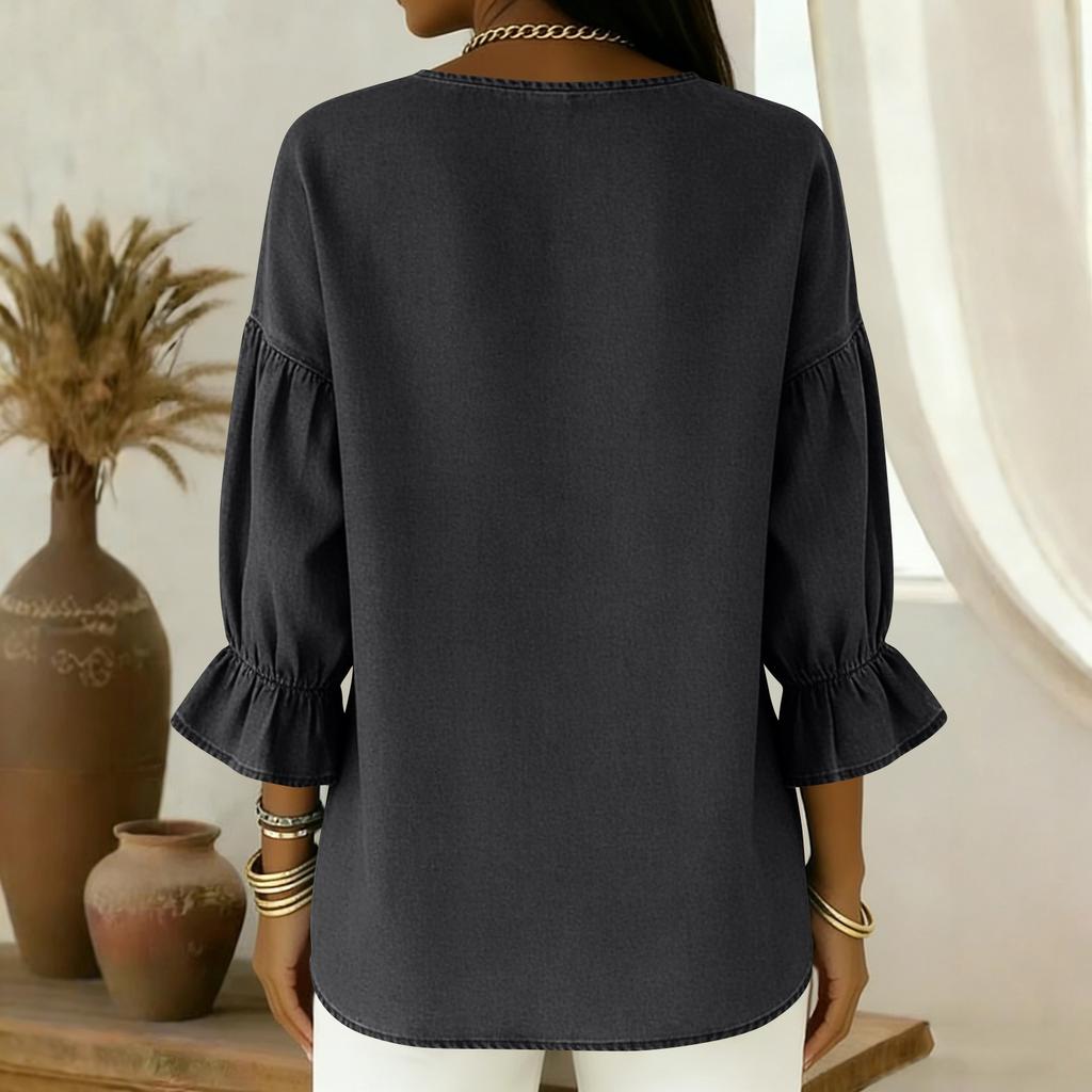 Women's -color Casual Nine-quarter Sleeve Retro V-neck Shirt