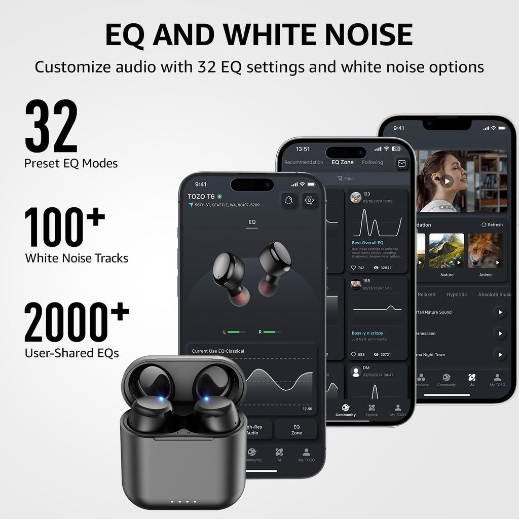 TOZO T6 Wireless Earbuds Superior Sound Powerful and Delicate Bluetooth Low Custom App Long Instant Automatic Touch Fast Up To 50 Hours of Voice for