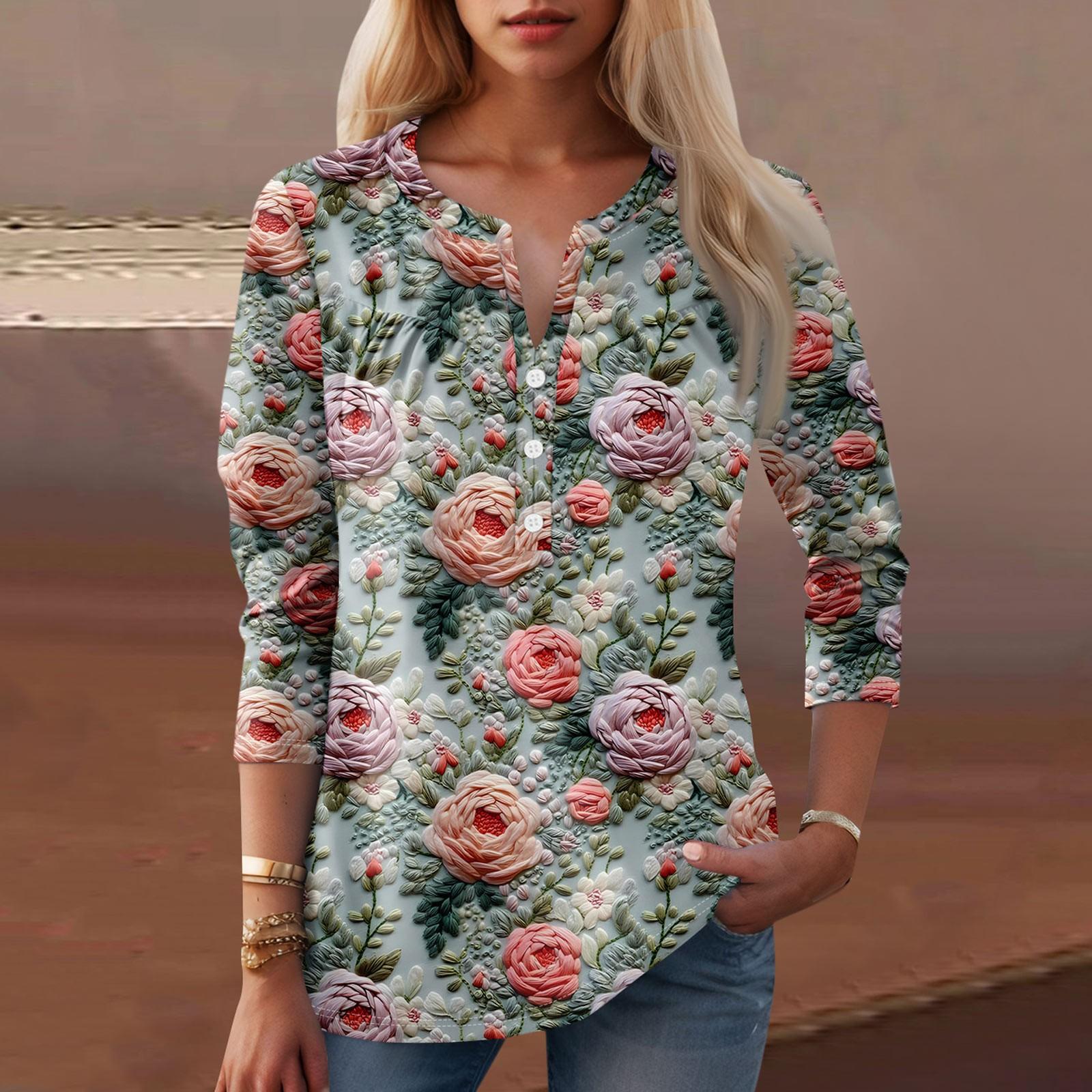 

Женская мода повседневный топ с длинным рукавом и круглым вырезом с цветочным принтом XXXL зелёный