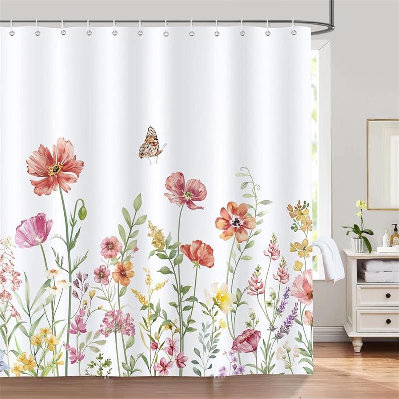 Blumen Duschvorhänge Aquarell Blumen Eukalyptusblätter Schmetterling Libelle Pflanze Polyester Stoff Badezimmer Vorhang Dekor