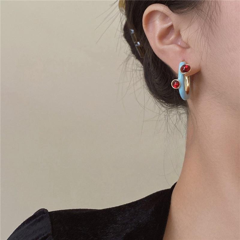 Retro Drop Glaze French Earrings Ear Buckle High Grade Blue Red Color Matching Ear Buckle Vintage Elegant Circular Earrings Women Party Gifts