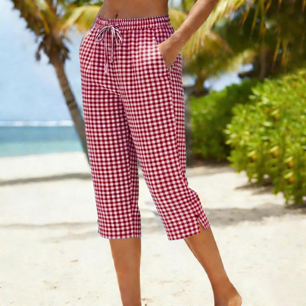 Damen Capri-Hose mit hohem Bund und Kordelzug Locker Gerade Karomuster Baumwoll-Leinen-Mischung Tasche Vintage Sommer Lässig Cropped Hose