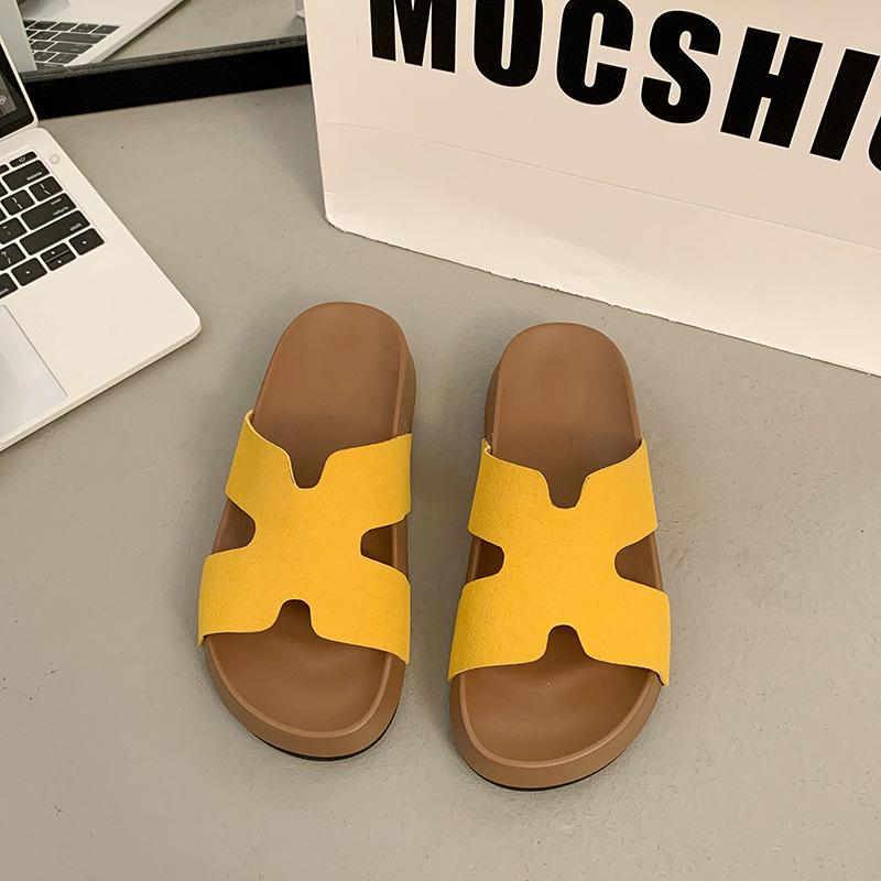 Simple New H-type Solid Color Thick Bottom One-word Drag Outer Wear 2025 Summer Round Head Cool Slippers 2025 Direct Sales