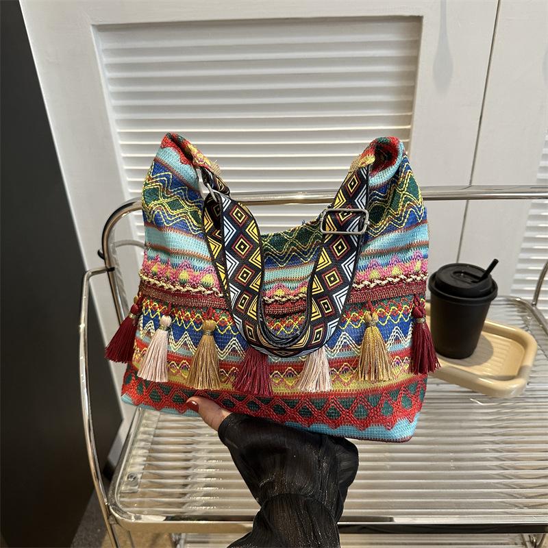 Female Shoulder Messenger Bag Trend Bag Simple Zipper Handbags Ethnic Style Canvas Small Shoulder Bag 2024 Woven Beach Tote