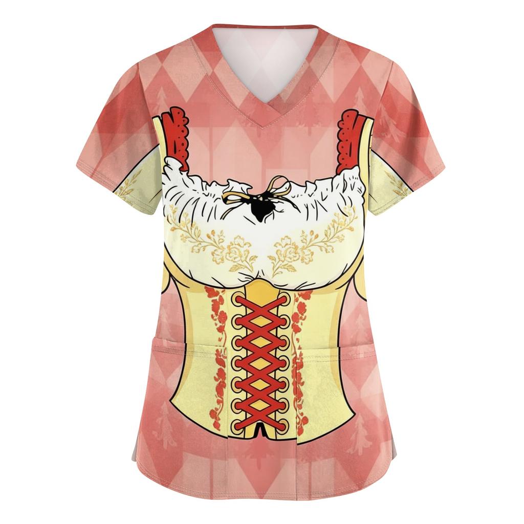 Women V Neck Short Sleeve Work Shirt with Pockets Oktoberfest Print Nursing Scrub Top Comfortable Fit Lightweight Fabric