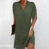 Women's V Neck Three Quarter Sleeve Mini Dress Loose Fit Mid Rise Urban Solid Pleated Shift Dress
