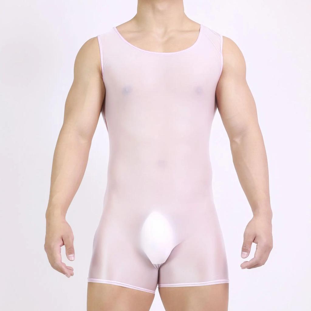 Sexy Men Playsuit Stain Smooth Bodysuit One Pieces Thong Elastic Tights Oil Glossy Shiny Yoga Shaping Maid Leotard Tank Top