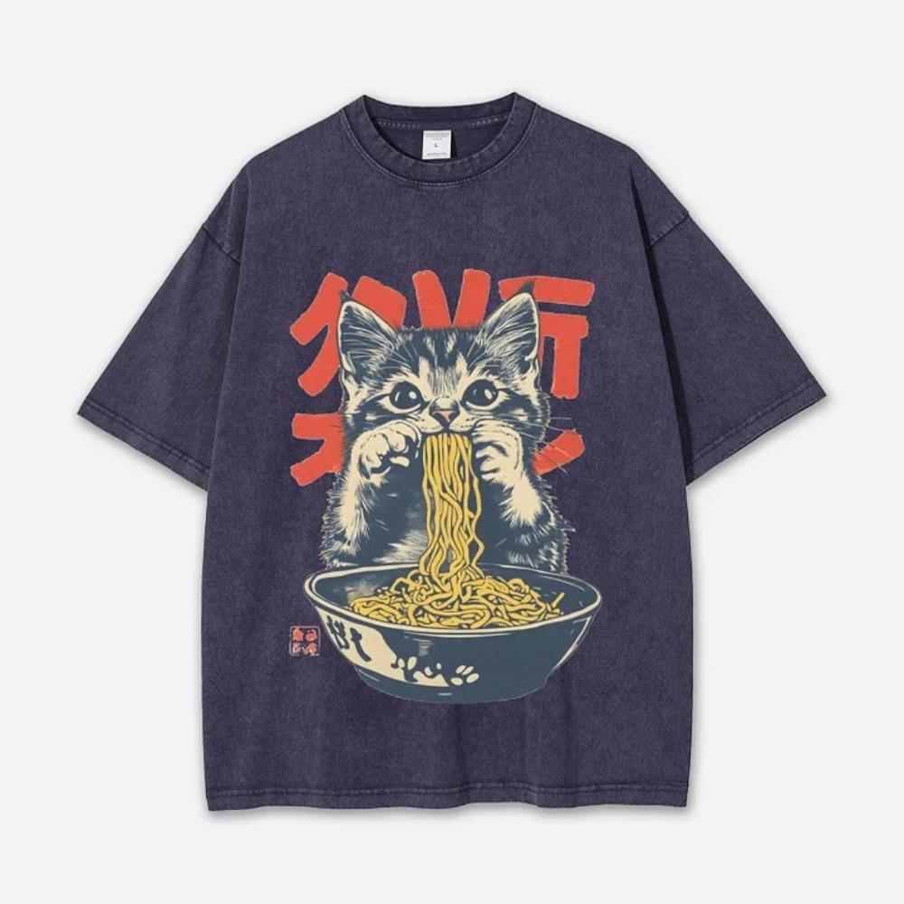 Vintage Art Acid Washed T-shirt Japanese Cat Fashion Short Sleeve Round Neck Chic Tees Summer Heavy Weight Tunics