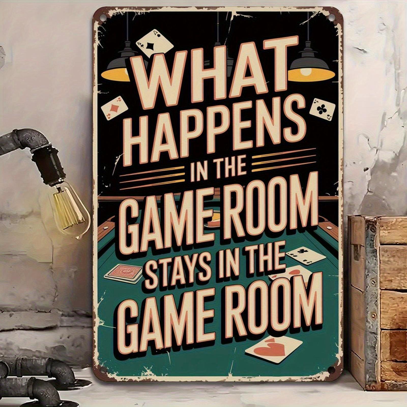 Vintage Game Room Tin Sign Wall Art - What Happens in the Stays Room Iron Metal Plaque with Playing Car 20X30CM