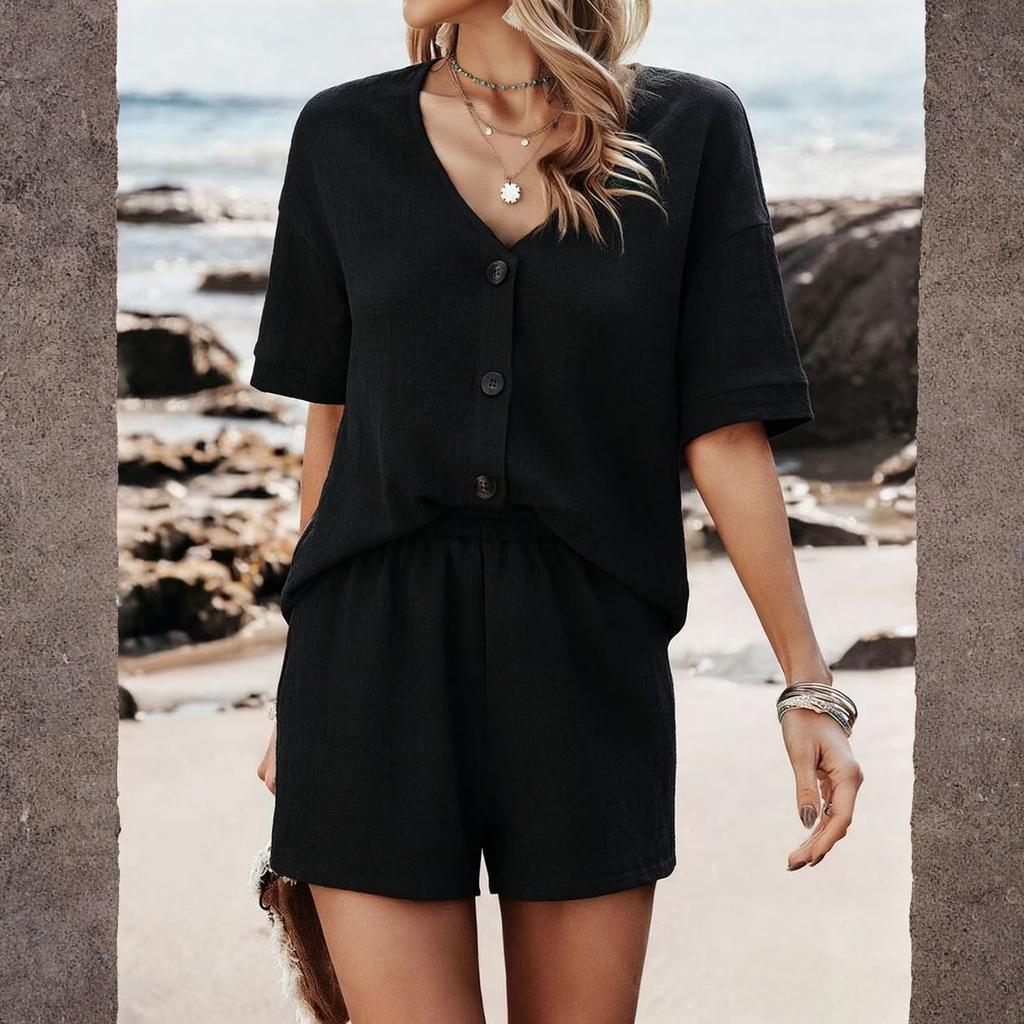 Fashion Women's New Cotton And Linen Casual V-neck Single Breasted Loose Shorts Set