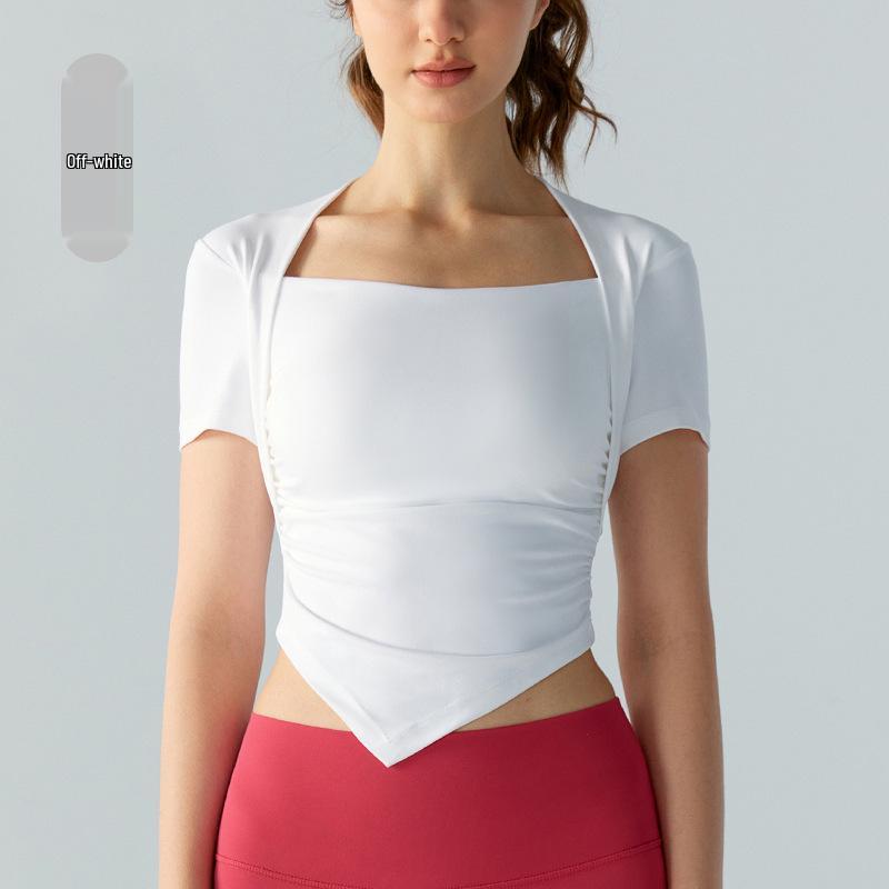 

Женский спортивный топ с коротким рукавом облегающего кроя для пилатеса и йоги S грязно-белый