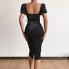 Belt Waist Tight Hip Wrap Skinny Elegant Dress Square Collar Puff Short Sleeve Bodycon Gown Dress Female Clothing