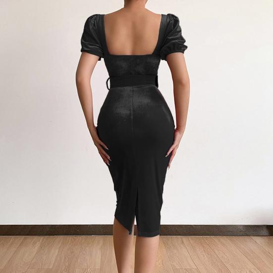 Belt Waist Tight Hip Wrap Skinny Elegant Dress Square Collar Puff Short Sleeve Bodycon Gown Dress Female Clothing