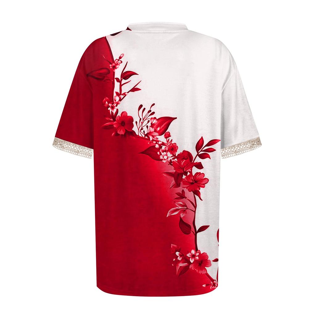 Women's Top Loose Casual V-Neck Lace Sleeve T-Shirt Short Sleeve Floral Print Top