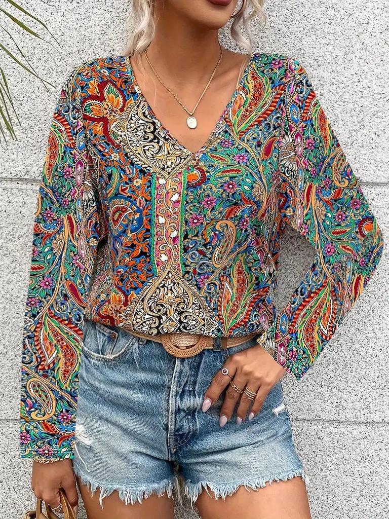 Women's Casual Sleeve Trend Printed Loose Top V-neck T-shirt