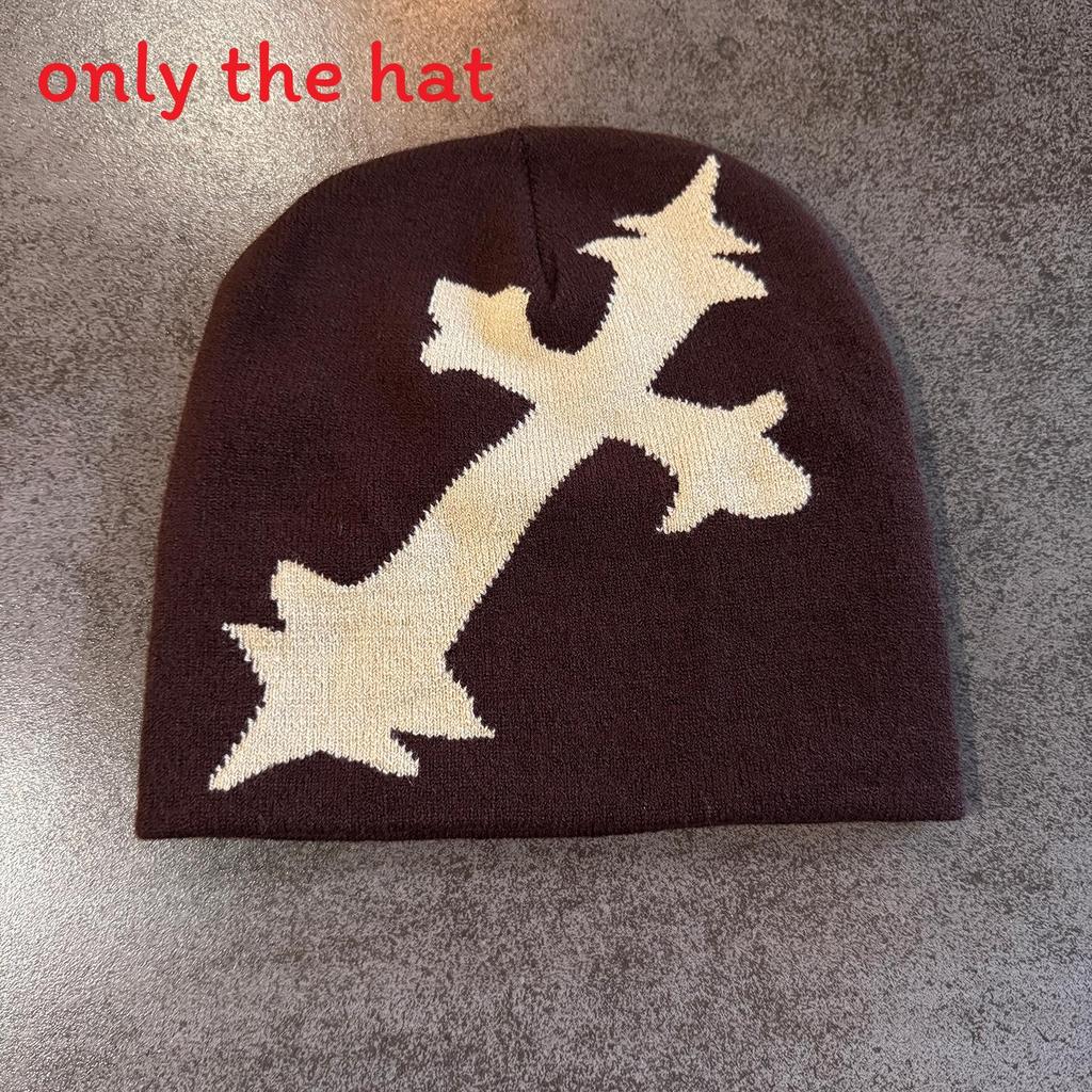 Y2 Street Style Knit Hat With Cross Pattern For Fall Winter Warmth коричневый