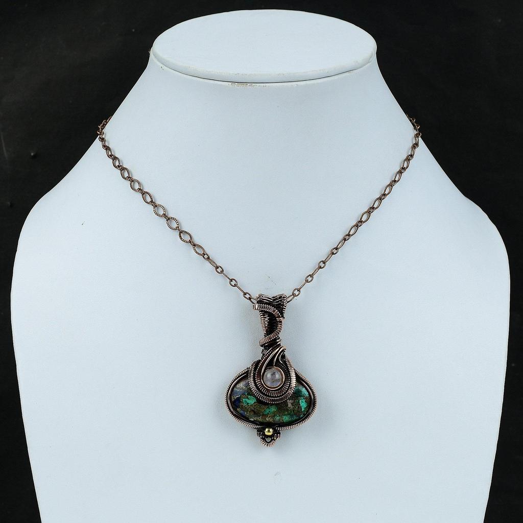 Copper Azurite Malachite Pendant Rainbow Moonstone Pendant Copper Wire Wrapped Pendant Gemstone Jewelry Gift For Her Handmade Copper Jewelry