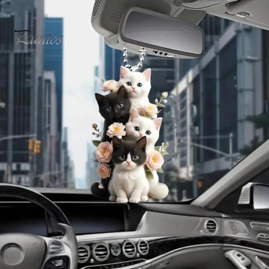 Cat Hanging Ornament Car Rearview Mirror Pendant with Lanyard Easy To Hang Adorable Appearance Cat-Shaped Xmas Tree Pendant