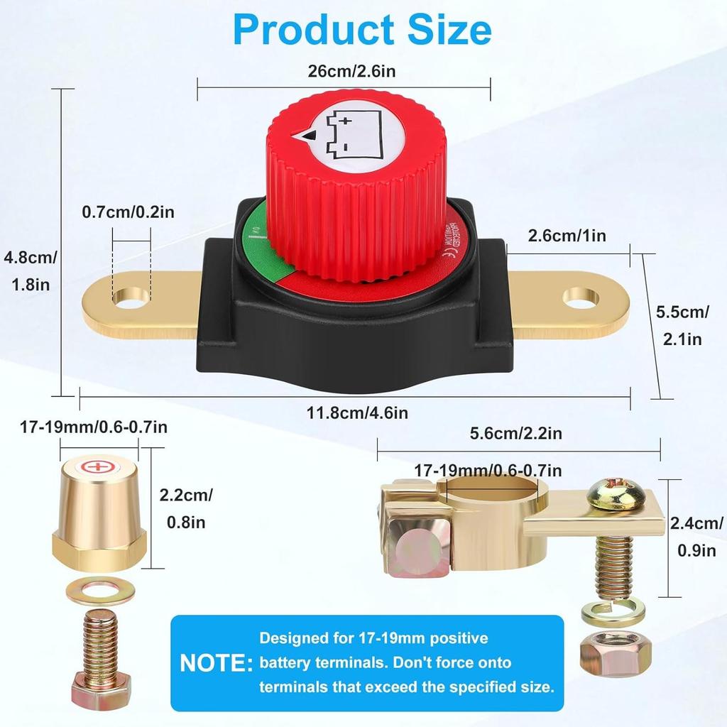 Top Post Battery Disconnect Switch, Positive Heavy Duty 12V 48V Waterproof Master Power Cut Off Isolator, On/Off Battery Switch Brass Terminals