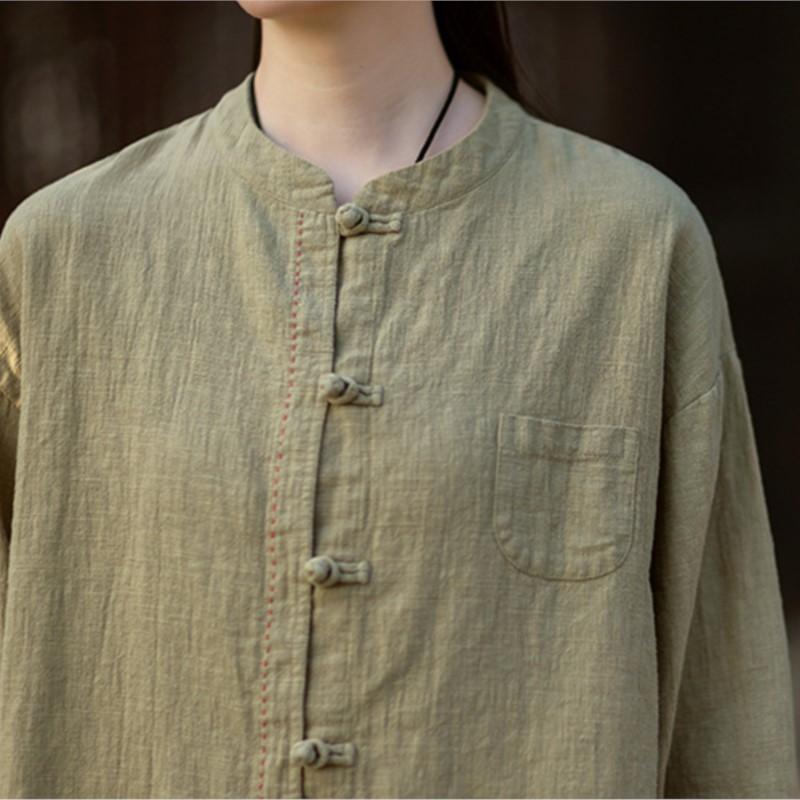 Johnature Women Vintage Shirts Spring Chinese Style Solid Color Stand Long Sleeve Button Pockets Blouses