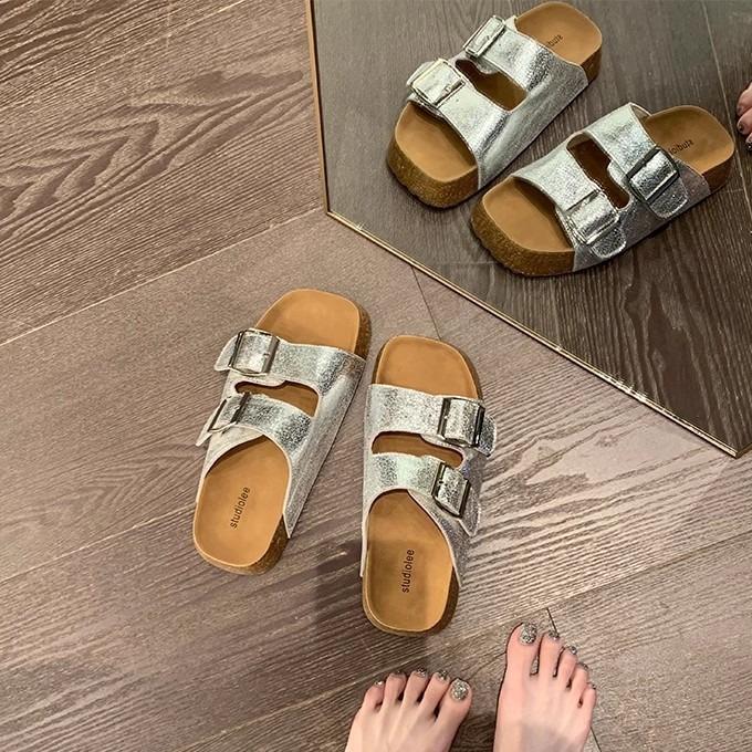 Grape mother of the same style, thick-bottomed Boken slippers for women, double-breasted, thin, non-slip, lazy, one-word drag, female leather.