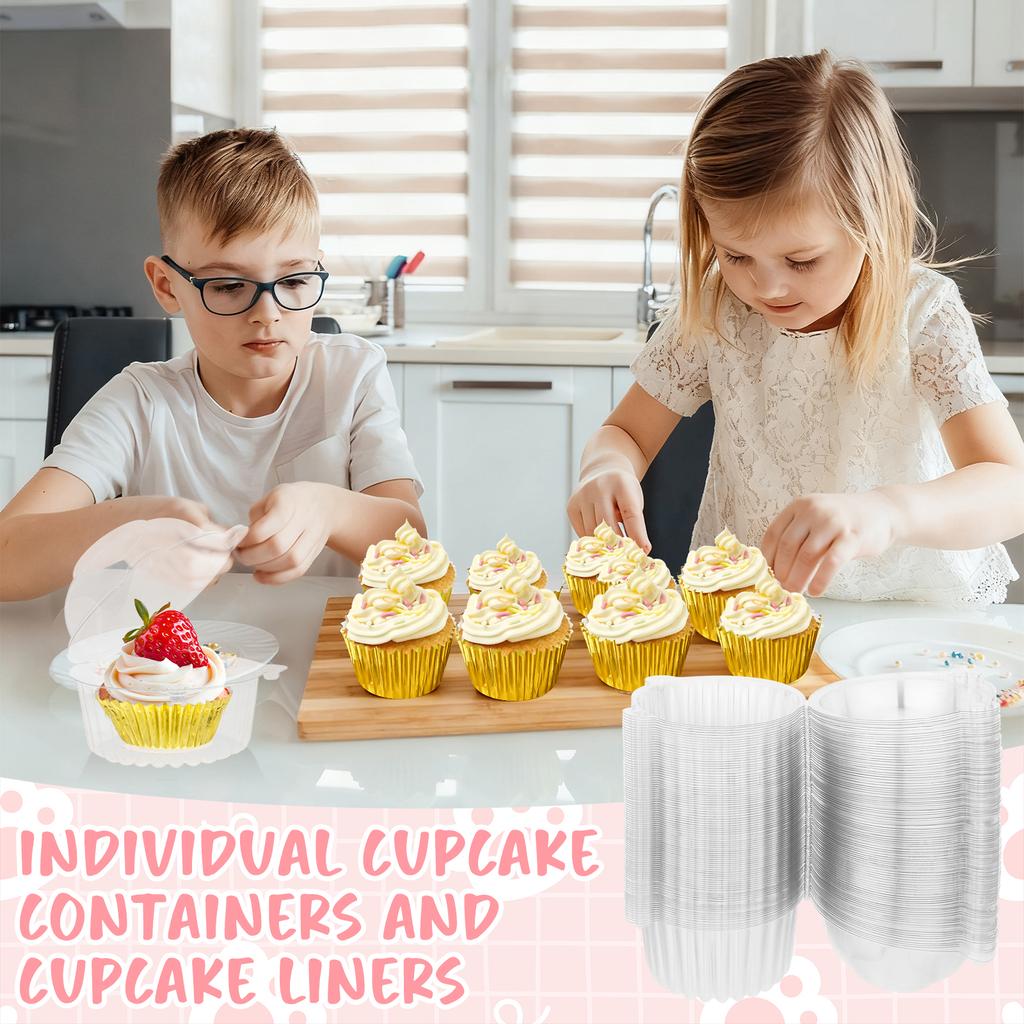 100Pcs Cupcake Containers With Gold Cupcake Liners Individual Cupcake Holder Plastic Single Cupcake Carrier With Lid For Dessert Cheesecake Muffin