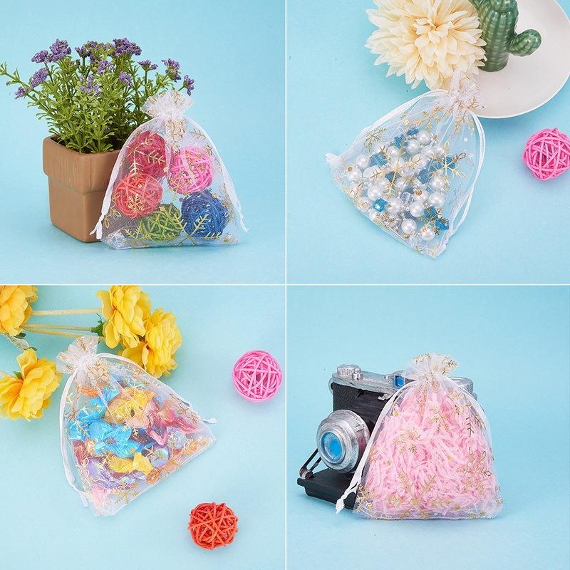 100pcs white printed Drawstring Gauze Bag Organza Bag Packing Holder Color Gold Yarn Candy christmas gifts Bags