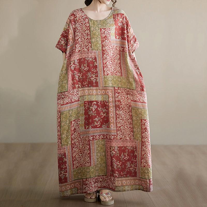 Abito estivo lungo maxi casual ampio da donna taglie forti manica corta cotone floreale vintage nuovo