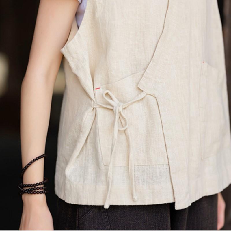Johnature Women Chinese Style Belt Vests Coats V-Neck Solid Color Cloths Autumn Loose Vintage Vests