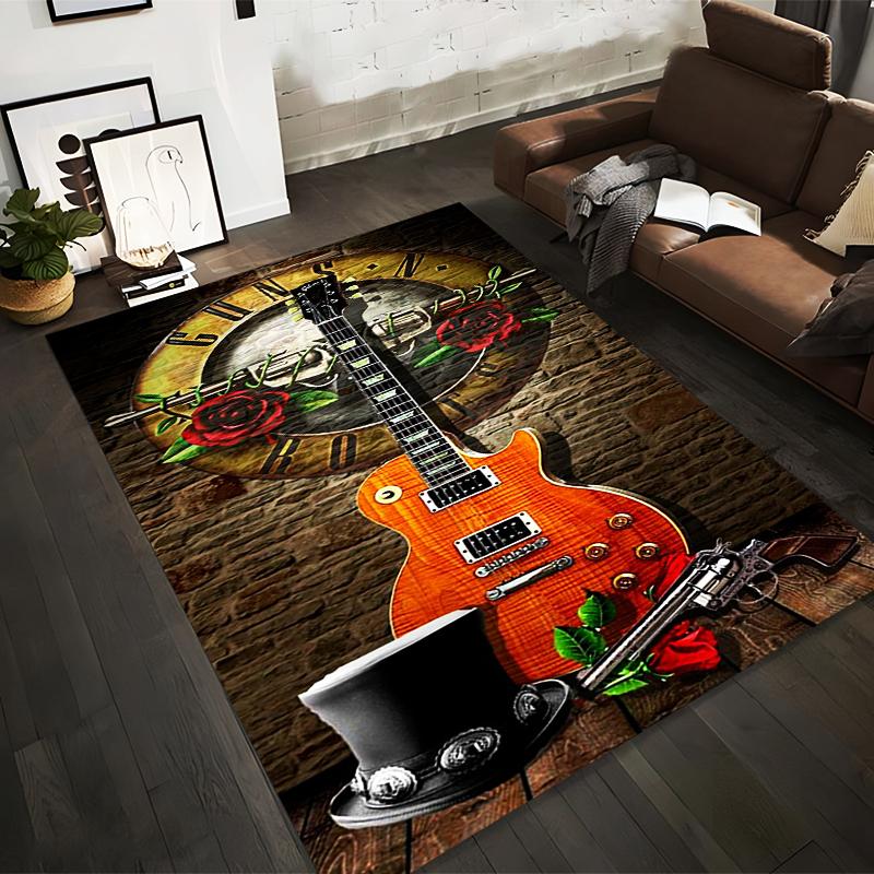 

Rock Style Carpet with Guitar, Hat, Roses, Pistol, and Clock Design Suitable for use as an anti-slip for living room bedroom sofas 40x60cm( 15x23in )