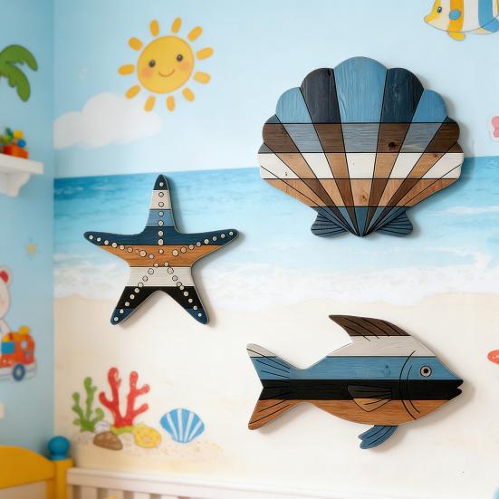 3 Pcs Wood Fish Shell Starfish Beach Wall Decor Rustic Nautical Lake House Hanging Sculpture Ocean Coastal Theme Wall Art for Bathroom Bedroom