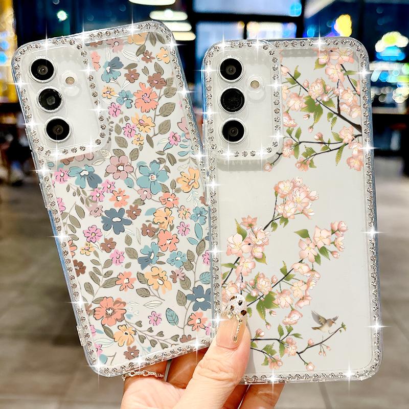 Husă Simplă cu Flori Pentru Samsung Galaxy A56 A55 A54 A36 A35 A25 A15 A16 A53 5G S25 Edge S24 Ultra S23 FE Husă Moale cu Diamante