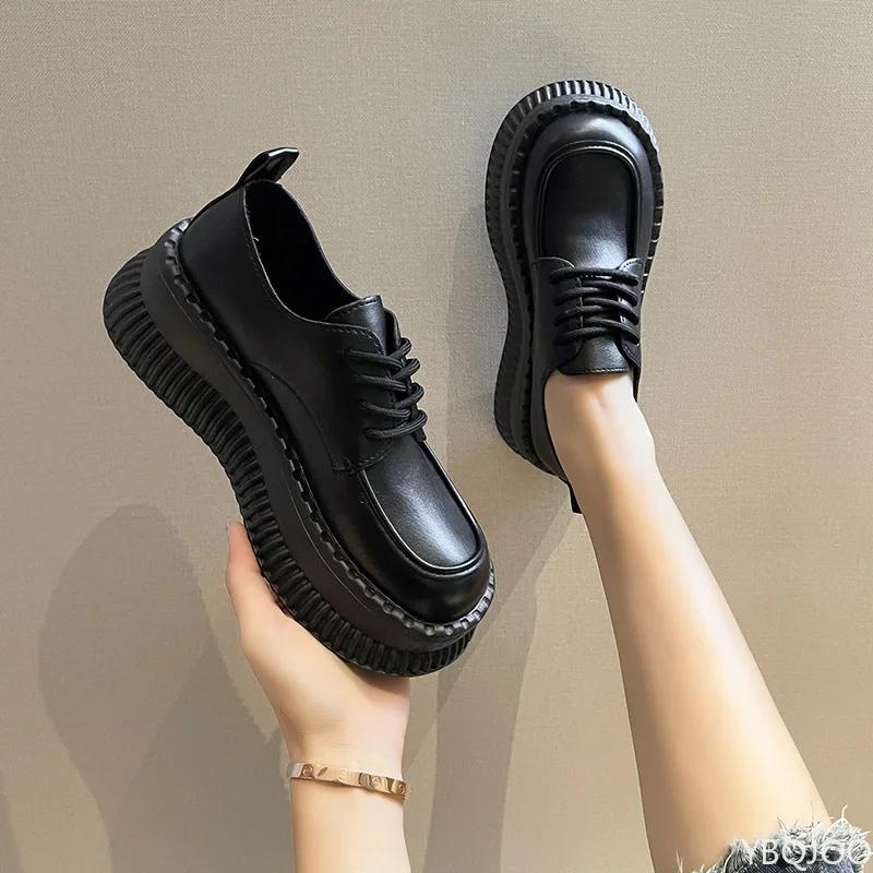 

Новые лоферы на толстой подошве с круглым носком, универсальные женские туфли, кожаная обувь в британском стиле, модные повседневные женские туфли на высоком каблуке, Zapatos 40 чёрный