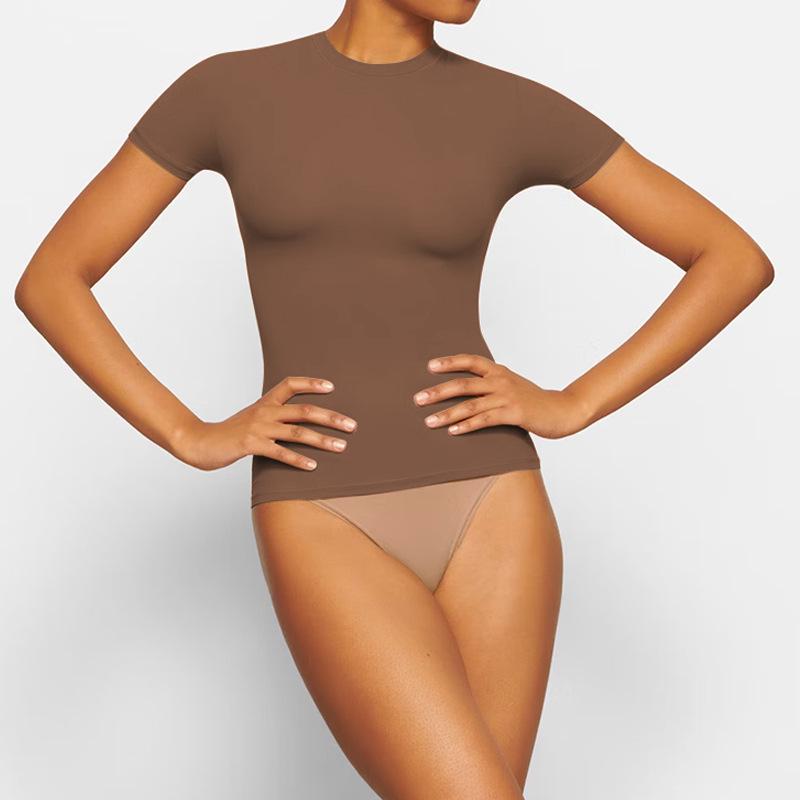 2025 European & American Style Women's Slim Fit Short Sleeve Round Neck T-shirt - Kardashian Inspired