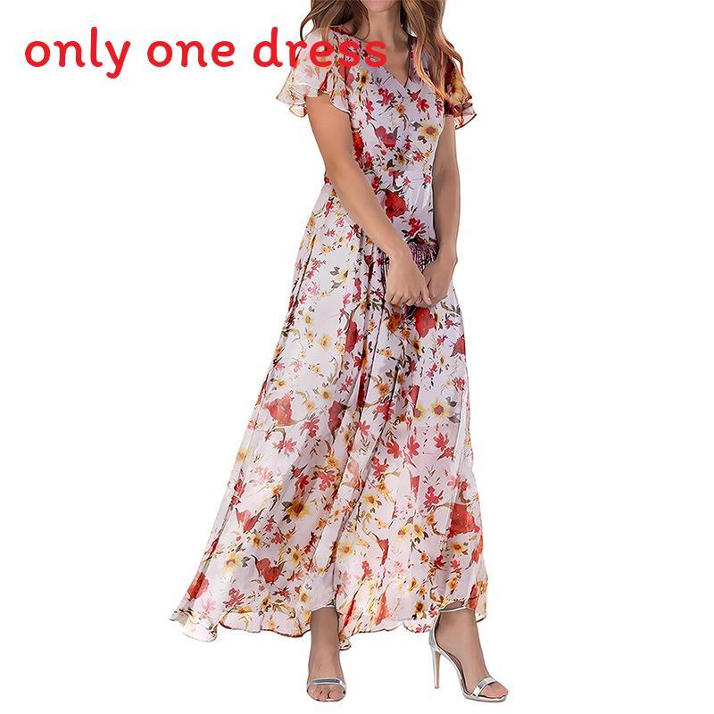 Summer Floral Chiffon Dress With V Neck Short Sleeves For Elegant Casual Wear