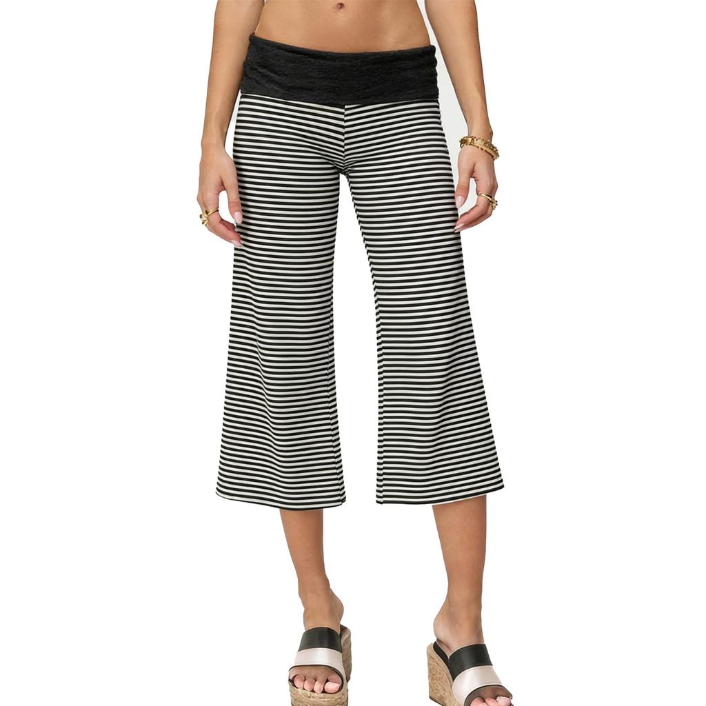 Cropped Pants for Women Wide Leg Elastic High Waist 3/4 Pant Casual Fit Flowy Casual  Pants