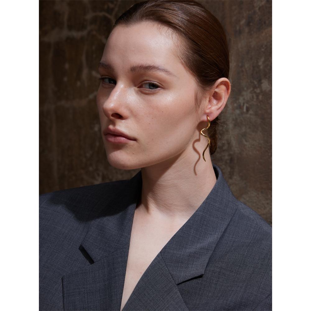 Yhpup Minimalist Flowing Metal Geometric Long Stud Earrings Prevent Allergy Stainless Steel Statement Attractive Daily Jewelry