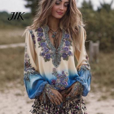 Chemise décontractée pour femme Printemps Oversize Col en V Manches longues Mode Automne Haut Impression 3D Tissu doux respirant Coupe décontractée Chemisier