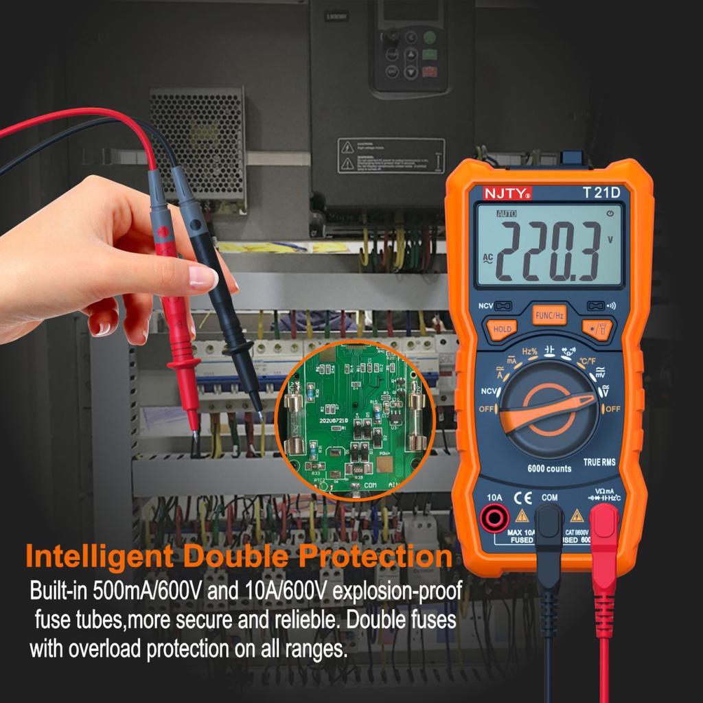 NJTY T21D Digital Multimeter 6000 Counts Voltmeter AUTO Current Resistance Temperature Diode Multi Tester with Backlight Screen