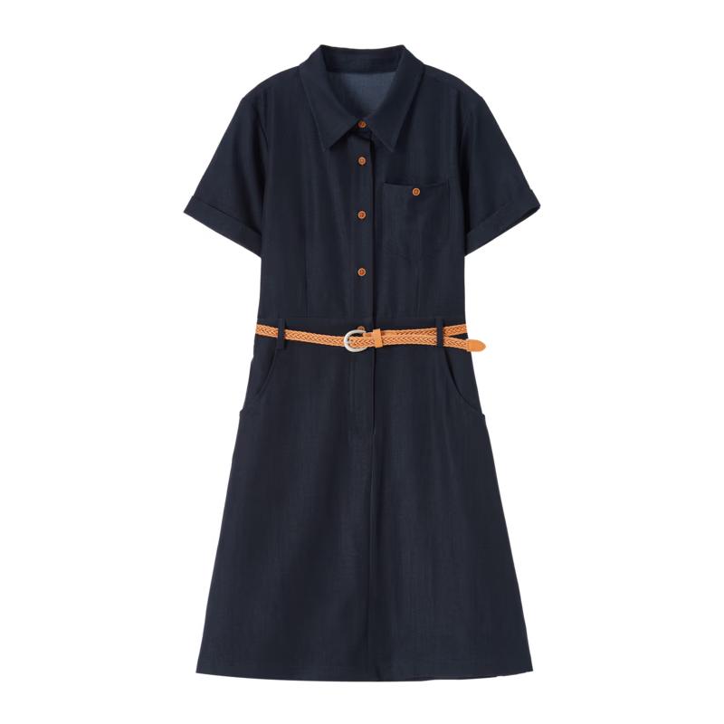 Women s Faux Denim Short-Sleeve Belted Dress M